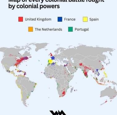 Mapa wszystkich bitew stoczonych przez potęgi kolonialne (bez uwzględnienia Bałtyku)