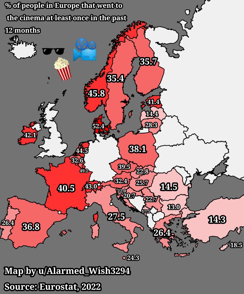 Odsetek osób w Europie, które w ciągu ostatnich 12 miesięcy przynajmniej raz poszły do kina, Eurostat, 2022