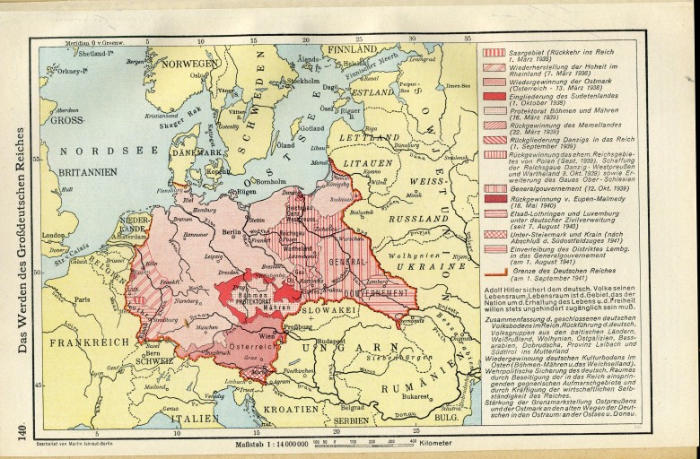 Ekspansja Niemiec podczas II wojny w niemieckim podręczniku szkolnym z 1942 roku „Historischer Schulatlas” F.W. Pukgers