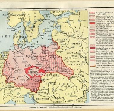 Ekspansja Niemiec podczas II wojny w niemieckim podręczniku szkolnym z 1942 roku „Historischer Schulatlas” F.W. Pukgers
