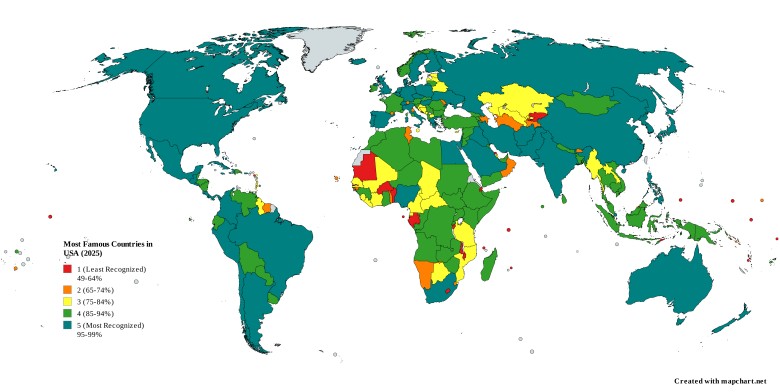 Najbardziej znane w USA kraje, 2025 (Na podstawie liczby osób, które słyszały nazwę)