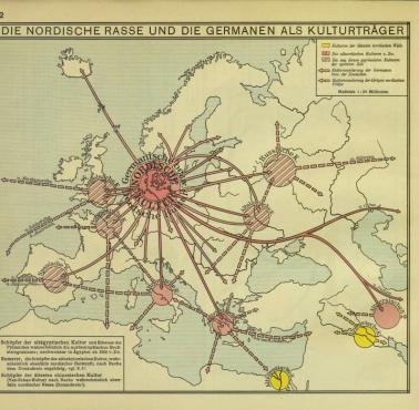 Niemiecka mapa szkolna z czasów III Rzeszy, wg mniej wszystkie główne cywilizacje pochodzą z Niemiec