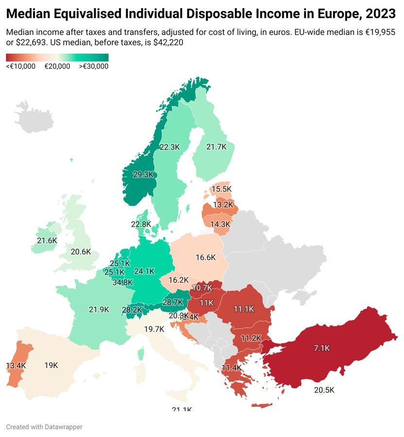 Rozporządzalny dochód brutto gospodarstw domowych na mieszkańca (PPS) w Europie, 2023