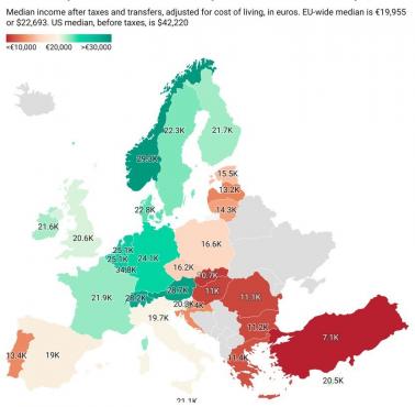 Rozporządzalny dochód brutto gospodarstw domowych na mieszkańca (PPS) w Europie, 2023