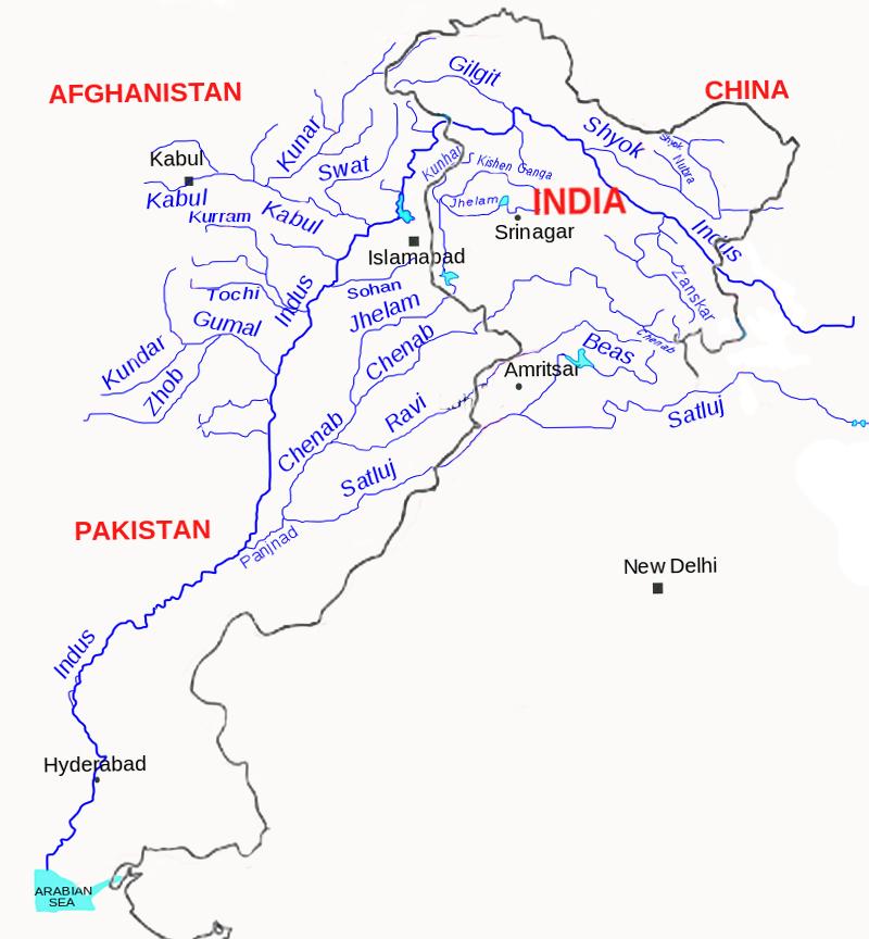 Dorzecze Indusu z naniesionymi granicami Indii i Pakistanu (źródła pitnej wody)