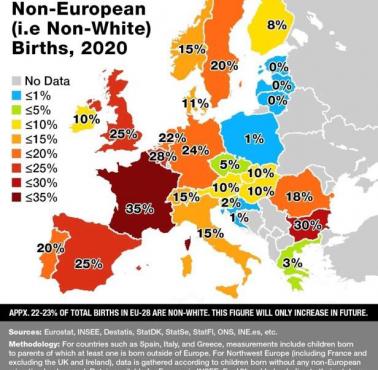 Odsetek urodzeń pozaeuropejskich (kolorowych) w Europie, 2020