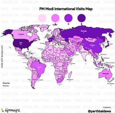Kraje, które odwiedził (z liczbą wizyt) premier Indii Narendra Modi w latach 2014-2025