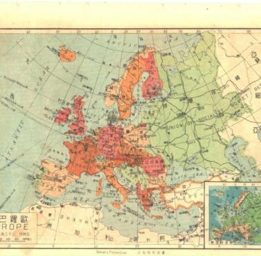 Chińska mapa Europy z 1947 roku. Chiny Czang Kaj-szeka, jak i Mao Zedonga uznały Ziemie Odzyskane za polskie
