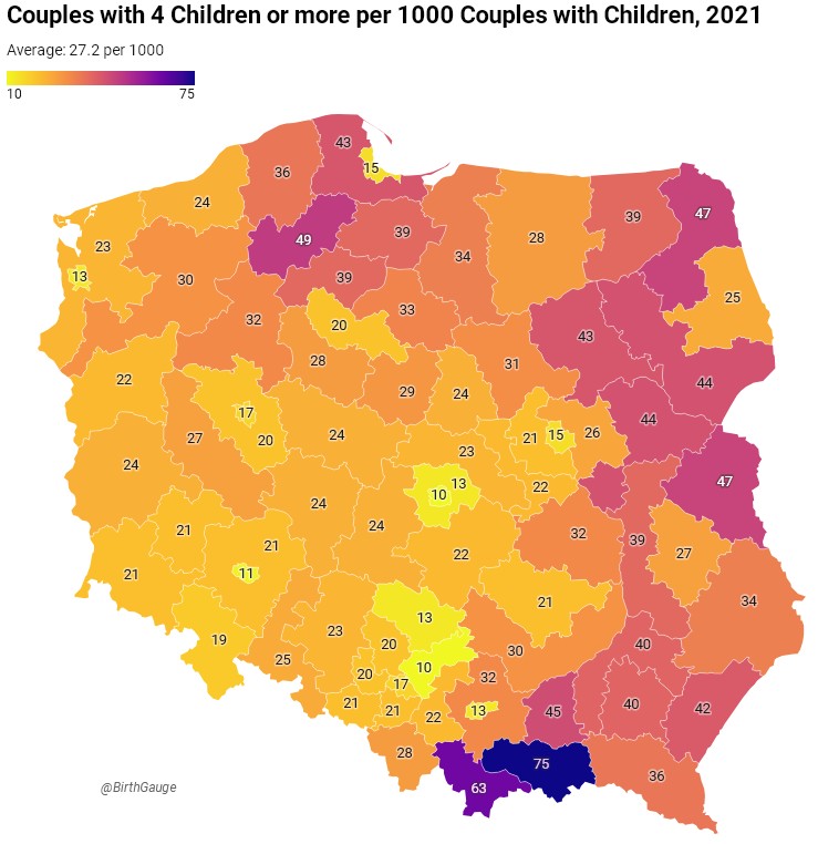 Rodziny wielodzietne 4 dzieci lub więcej na 1000 osób w Polsce, 2021