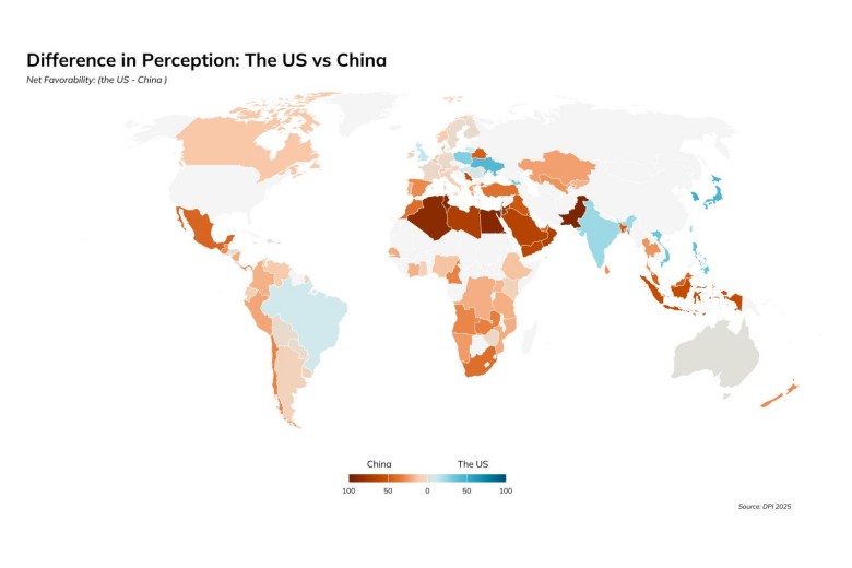 Postrzeganie USA i Chin w poszczególnych państwach świata, 2025 (Democracy Perception Index 2025)