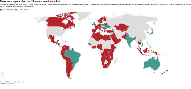 Postrzeganie USA i Chin w poszczególnych państwach świata, 2025 (Democracy Perception Index 2025)
