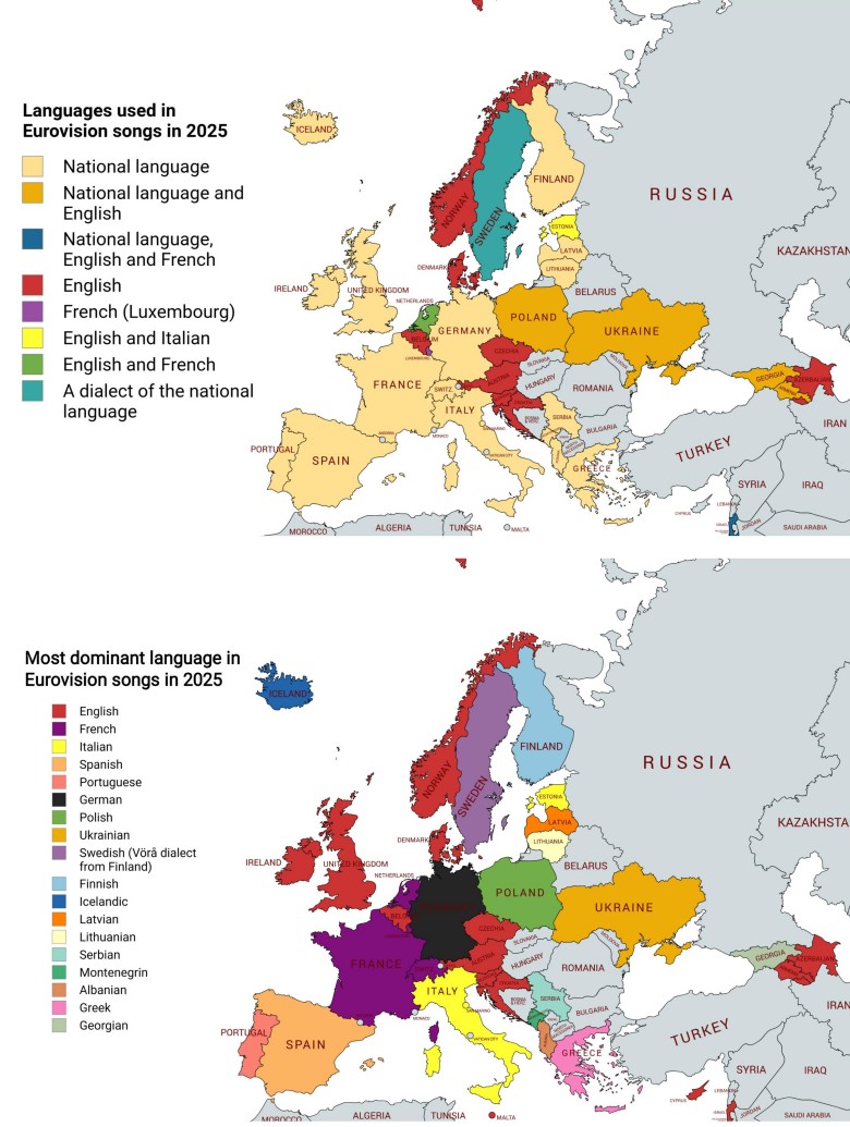 Języki użyte w piosenkach Eurowizji w 2025 roku i najbardziej dominujący język w tych piosenkach
