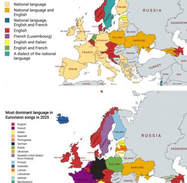 Języki użyte w piosenkach Eurowizji w 2025 roku i najbardziej dominujący język w tych piosenkach