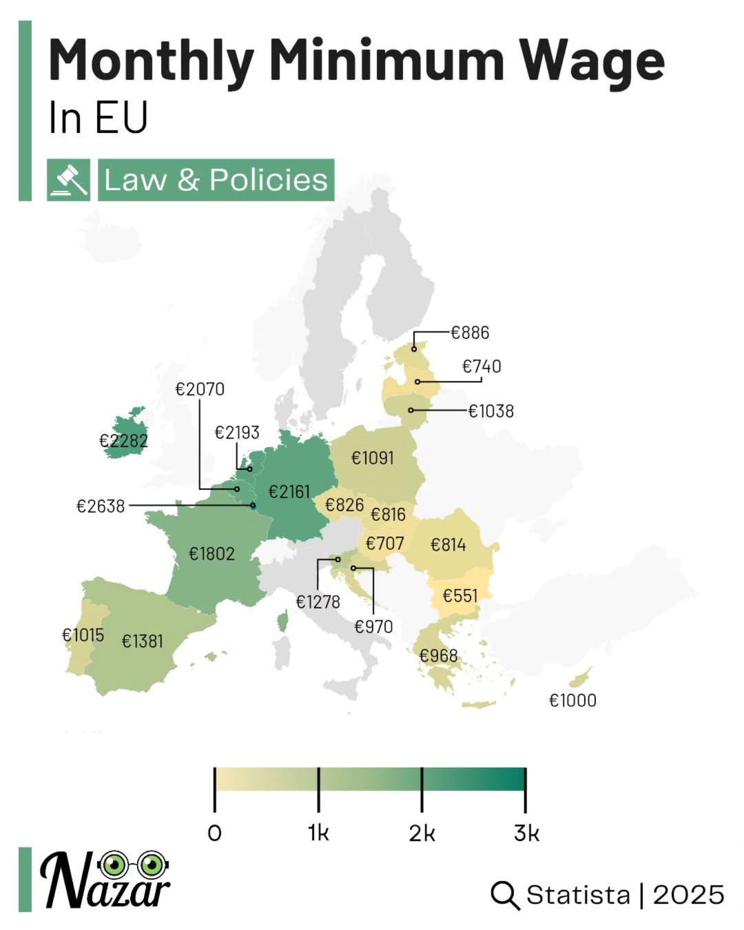 Mapa minimalnych płac (płaca minimalna) w Europie, 2025
