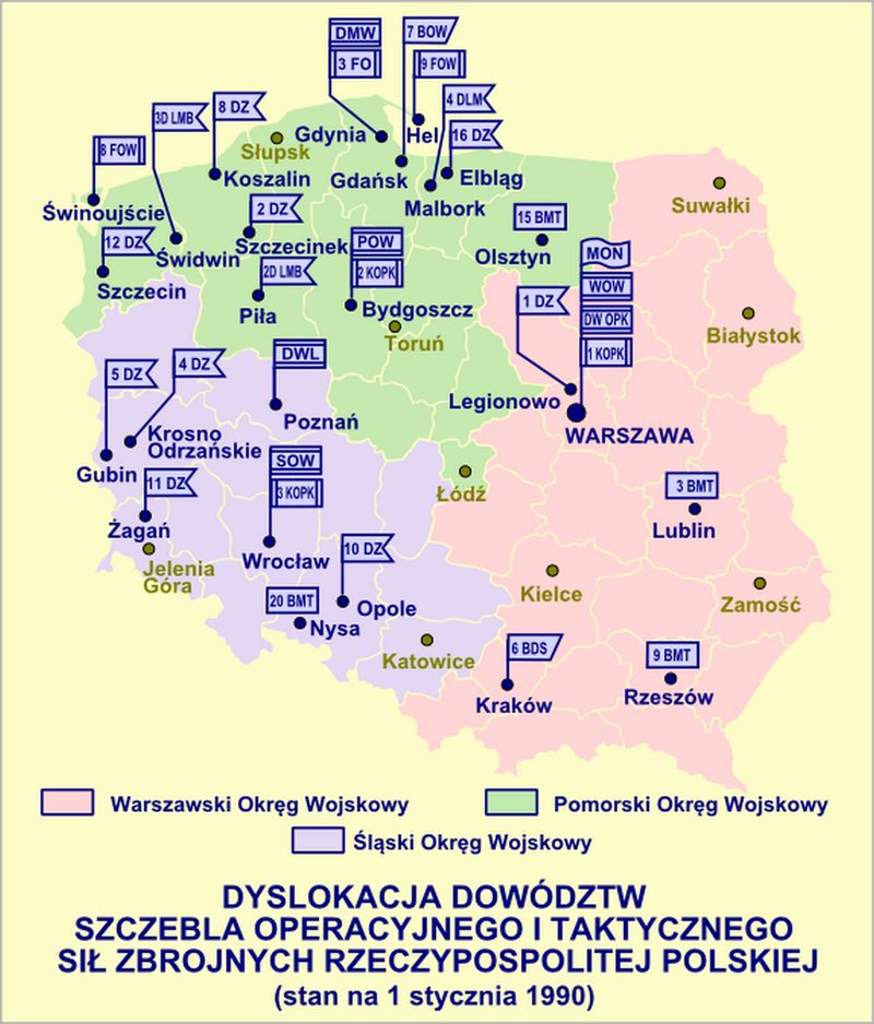 Dyslokacja dowództw szczebla operacyjnego i taktycznego sił zbrojnych LWP, PRL, 1990