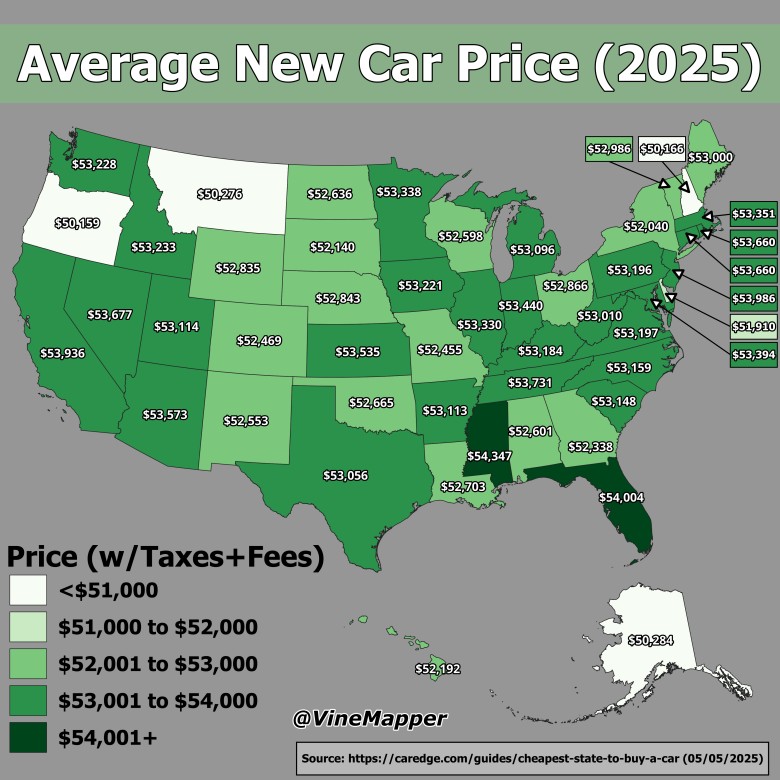 Średnia cena nowego samochodu w USA z podziałem na stany, 2025
