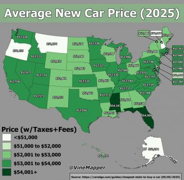 Średnia cena nowego samochodu w USA z podziałem na stany, 2025