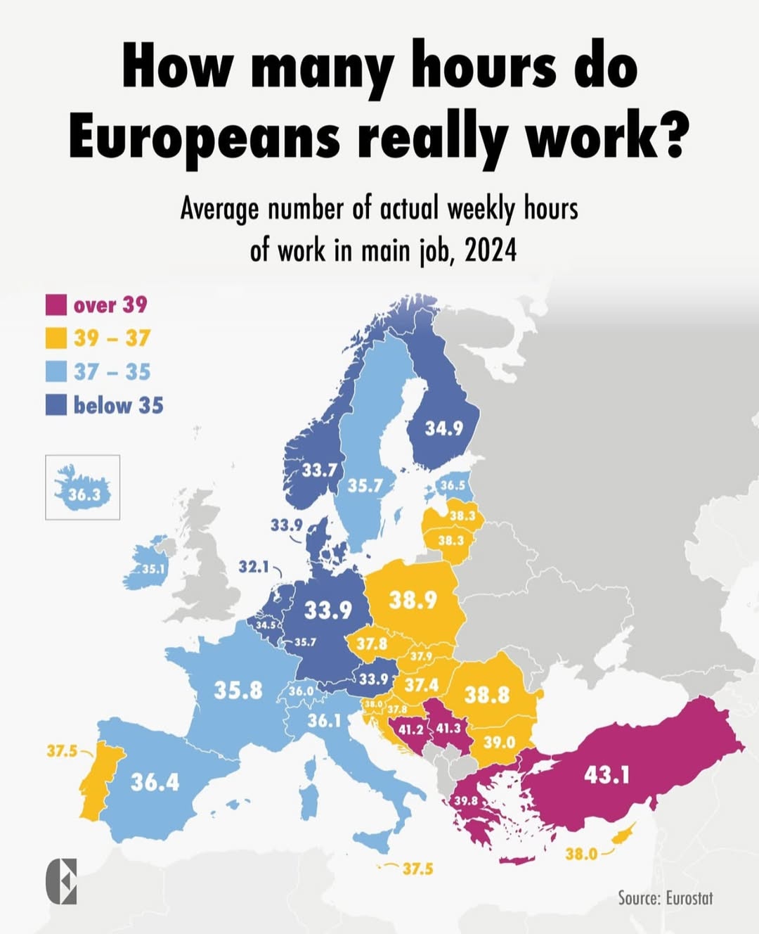 Ile godzin rocznie pracuje średnio mieszkaniec danego kraju w Europie, 2024