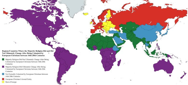 Zmiany religii w regionach i krajach po kolonizacji przez Europejczyków w XVI-XX wieku