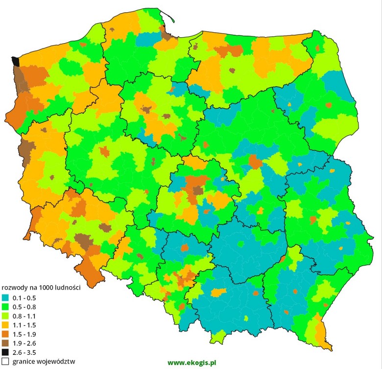 Mapa rozwodów z podziałem na województwa w Polsce, 2014