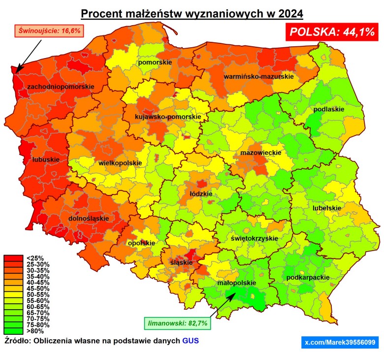 Odsetek małżeństw wyznaniowych z podziałem na województwa w Polsce, 2024