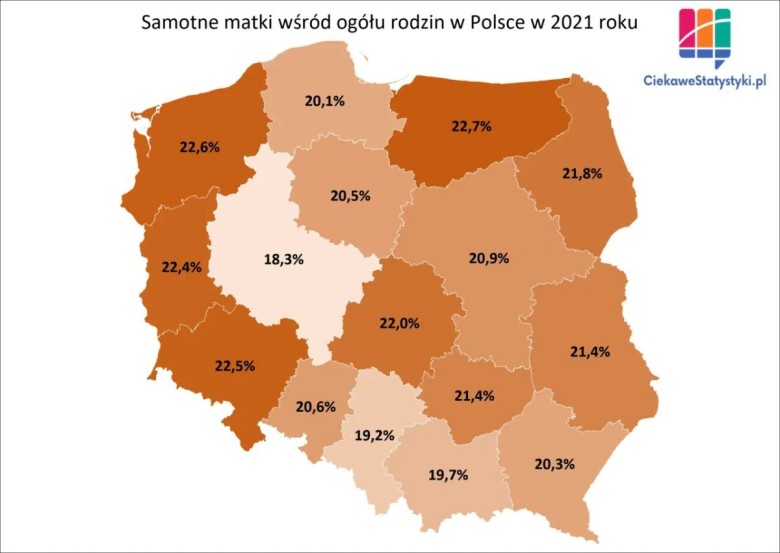 Odsetek samotnych matek z podziałem na województwa w Polsce, 2021