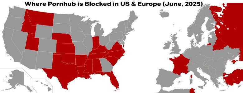 Stany USA i Europa, w których Pornhub (wszystkie porno strony) zostały zablokowane, czerwiec 2025
