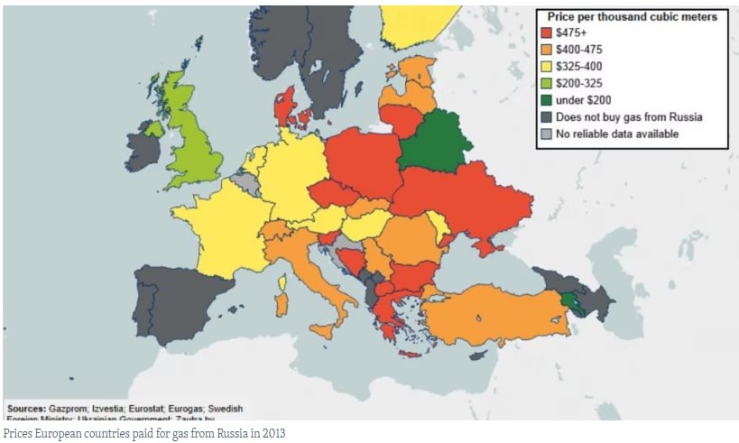 Ceny, jakie kraje europejskie płaciły za gaz z Rosji w 2013 roku