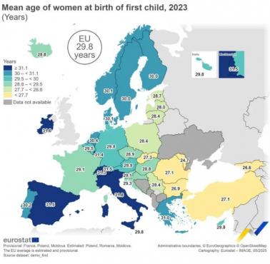 W jakim wieku kobiety w Europie rodzą pierwsze dziecko, 2023