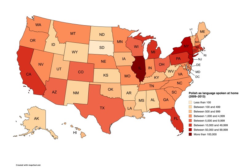 Polski jako język używany w domu w USA z podziałem na stany, 2009-2013