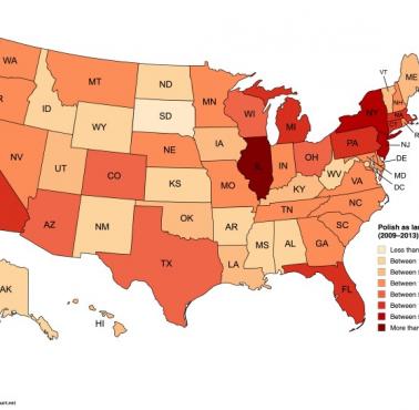 Polski jako język używany w domu w USA z podziałem na stany, 2009-2013