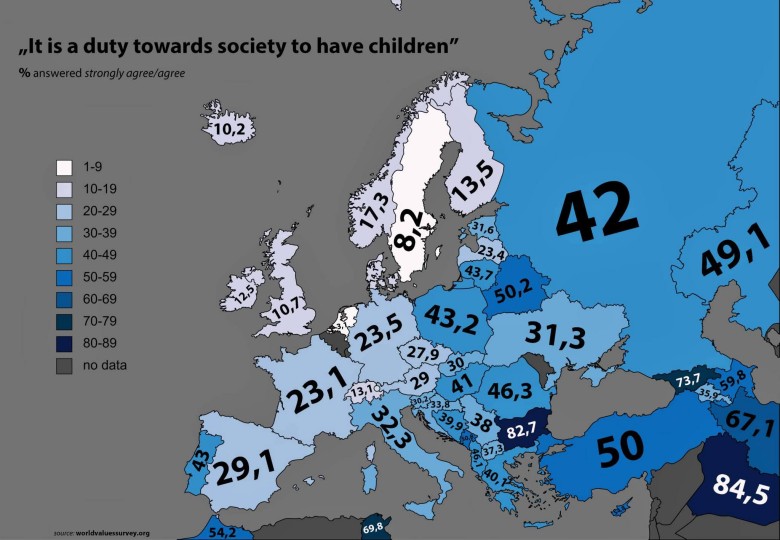 Czy posiadanie dzieci jest obowiązkiem wobec społeczeństwa? Odsetek osób w Europie, która się z tym zgadza