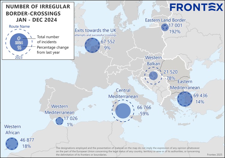 Liczba nielegalnych przekroczeń granicy w europejskiej strefie Schengen, 2024, dane Frontex