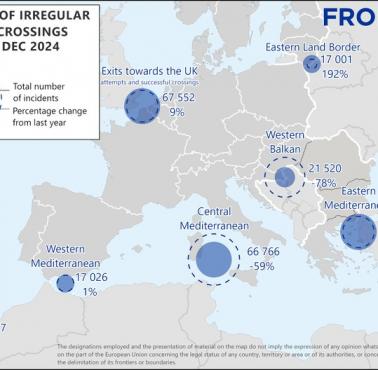 Liczba nielegalnych przekroczeń granicy w europejskiej strefie Schengen, 2024, dane Frontex