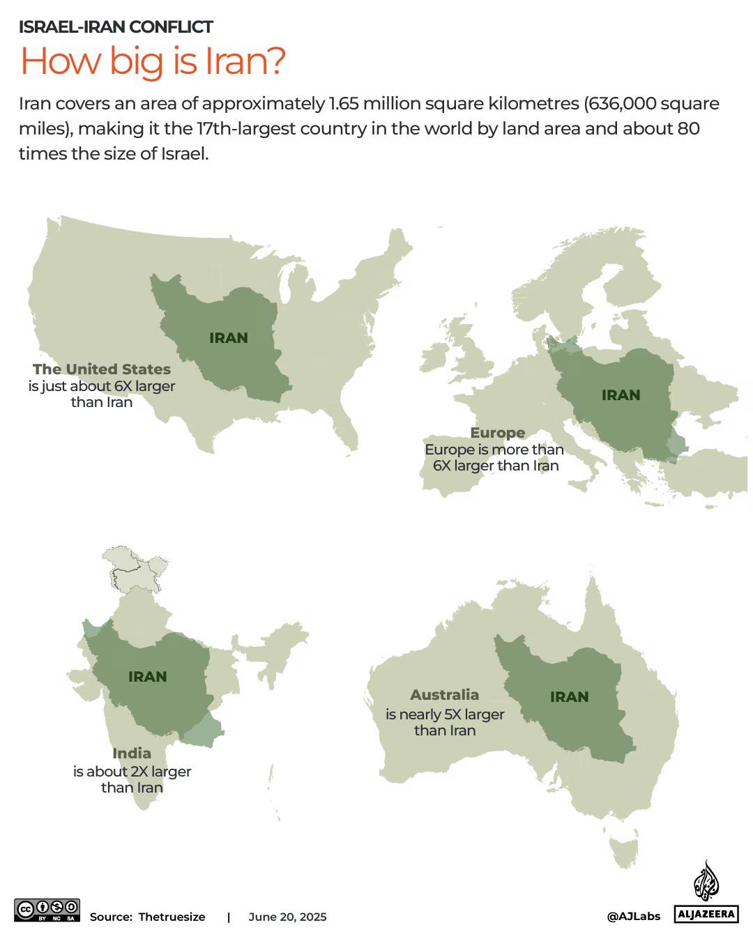 Rozmiar Iranu na tle USA, Indii, Australii, Europy