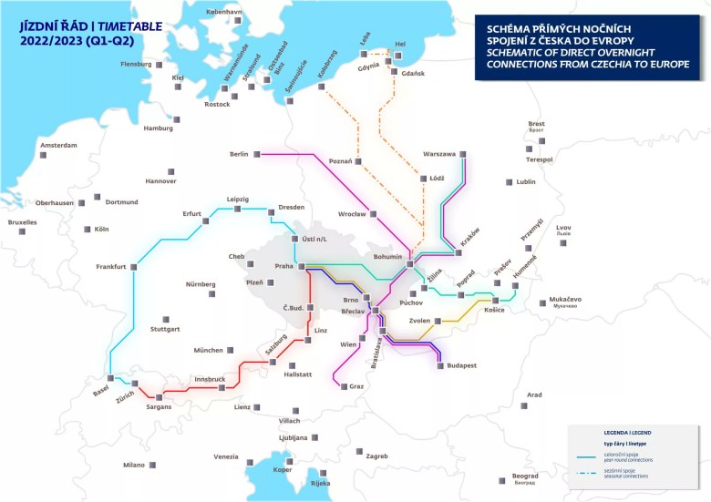 Sieć kolejowa Czech, pociągi nocne 2022-2023