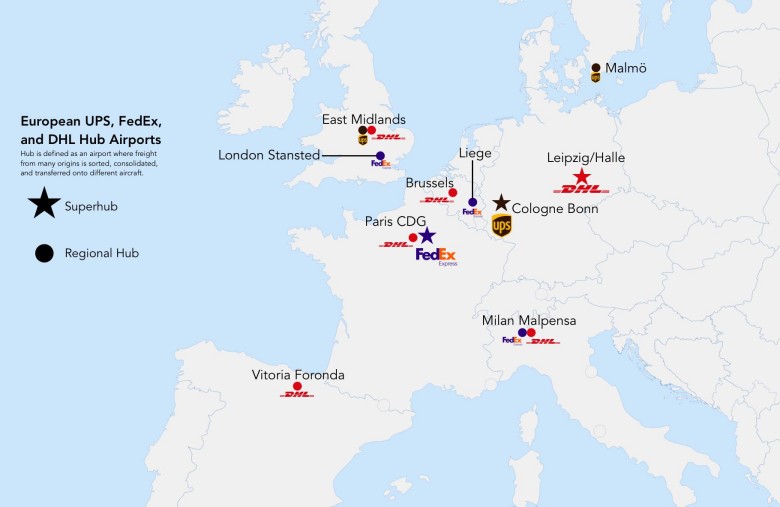Europejskie centra UPS, FedEx i DHL