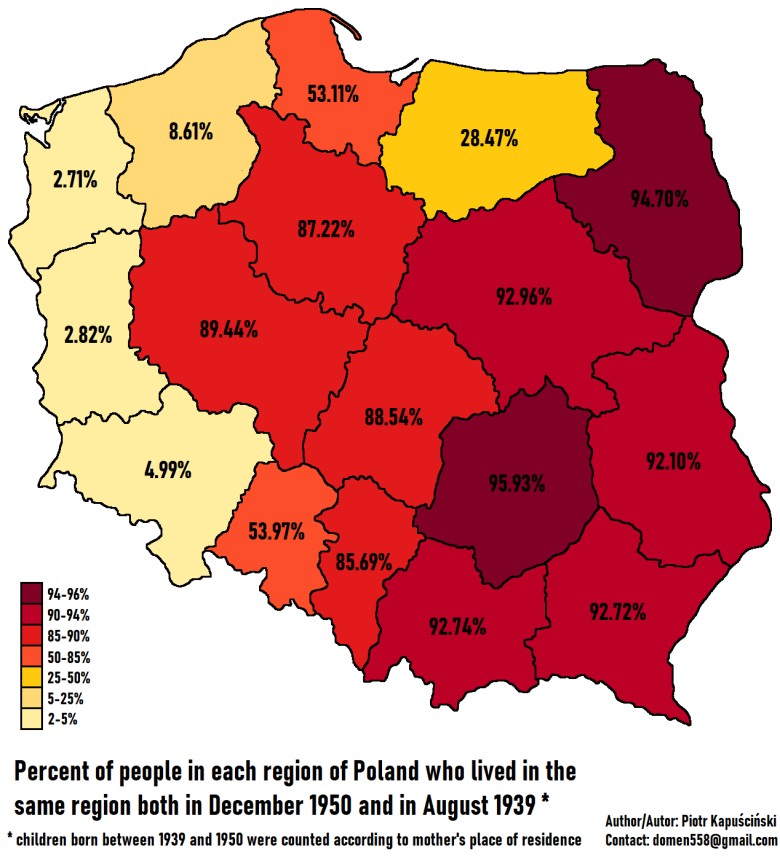 Odsetek osób w każdym regionie Polski, które mieszkały w tym samym regionie zarówno w grudniu 1950, jak i w sierpniu 1939