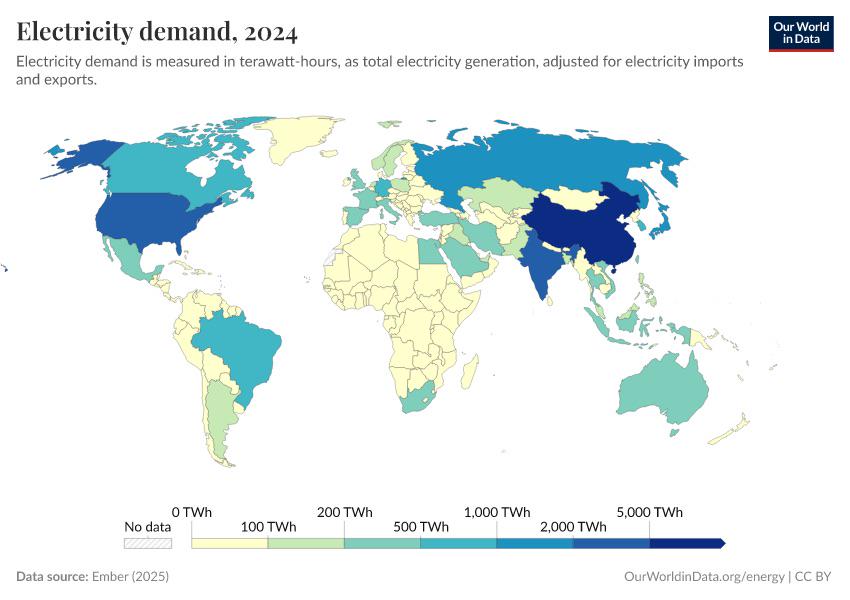 Zużycie energii elektrycznej na osobę według krajów w kWh, 2024