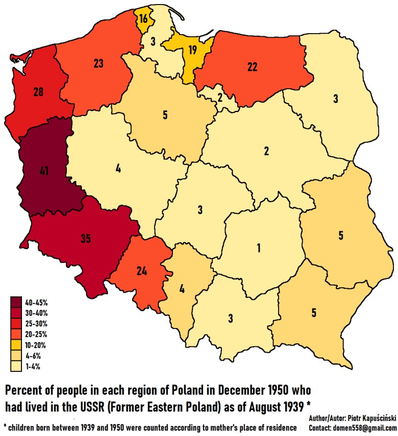 Odsetek osób w każdym regionie Polski w grudniu 1950 r., które mieszkały w ZSRR (dawna Polska Wschodnia) w sierpniu 1939 r.