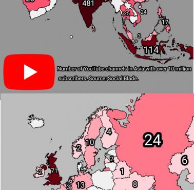 Liczba kanałów YouTube z ponad 10 milionami subskrybentów w Europie i Azji, wojna informacyjna prawdopodobnie 2025 rok