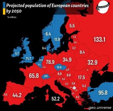 Prognozowana zmiana populacji w krajach europejskich w 2050