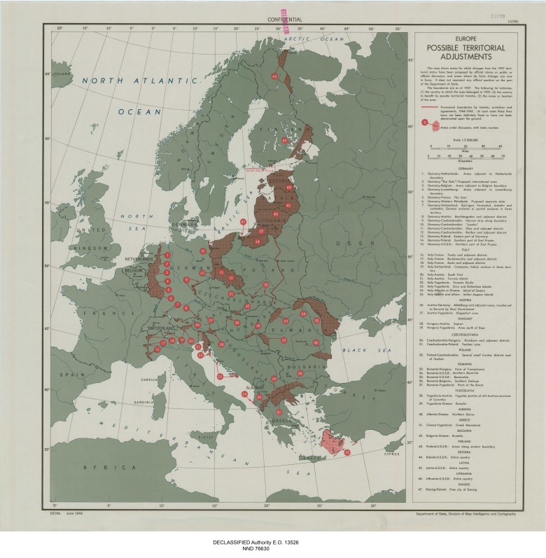 Amerykańska mapa potencjalnych  zmian terytorialnych w Europie wydana w 1945 roku