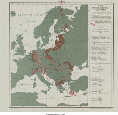 Amerykańska mapa potencjalnych  zmian terytorialnych w Europie wydana w 1945 roku