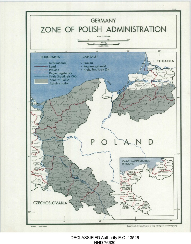 Amerykańska mapa, na której naniesiono tymczasową administrację polską na ziemiach niemieckich, czerwiec 1946
