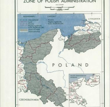 Amerykańska mapa, na której naniesiono tymczasową administrację polską na ziemiach niemieckich, czerwiec 1946