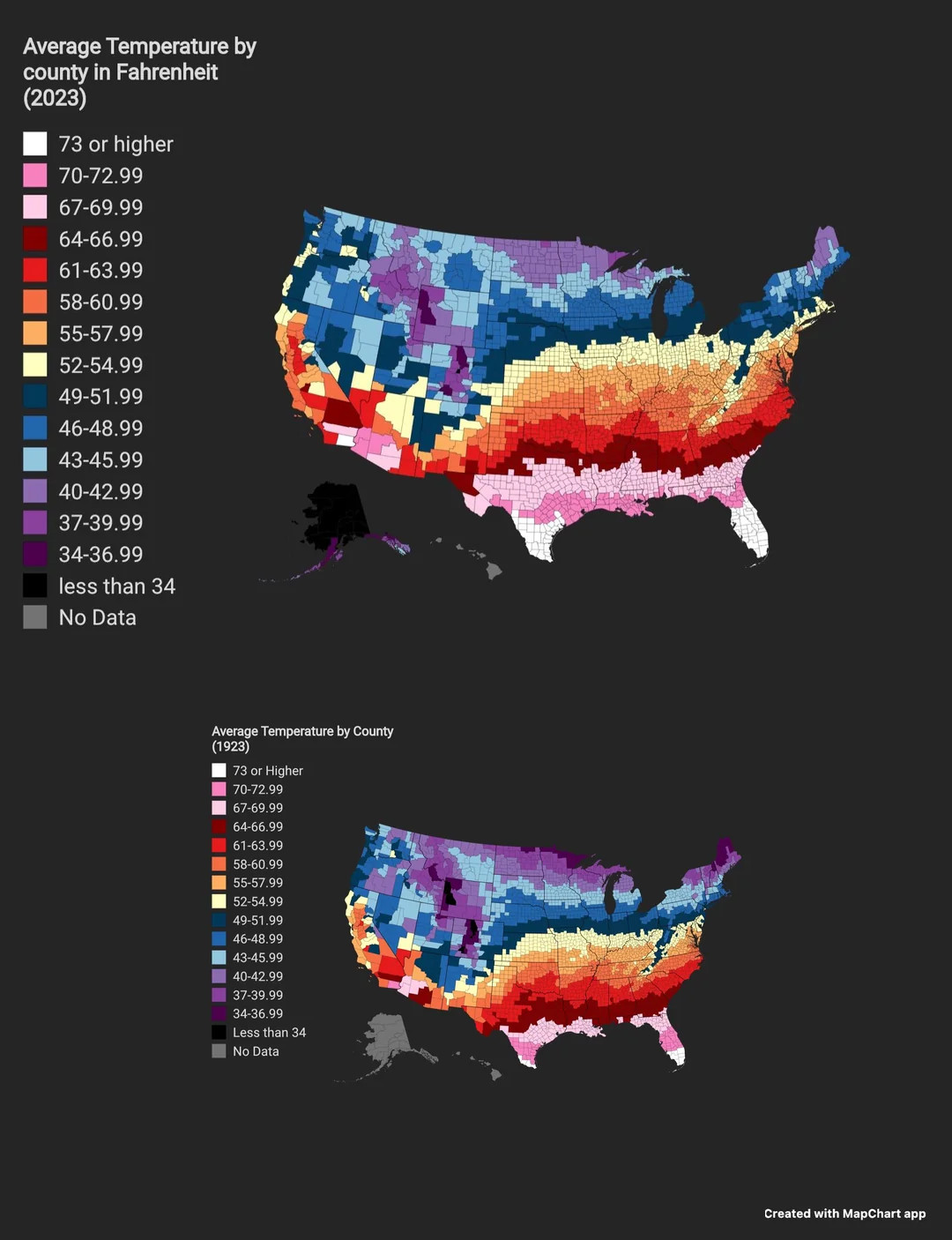 Porównanie średniej temperatury według hrabstwa w USA w latach 1923 i 2023