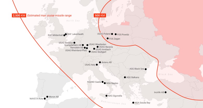 Instalacje wojskowe USA w Europie w zasięgu rosyjskich pocisków manewrujących (CSIS/IISS)