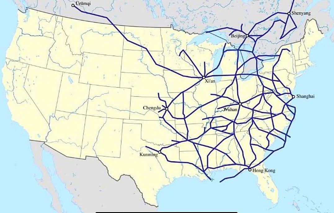 Sieć chińskich kolei dużych prędkości nałożona na mapę USA