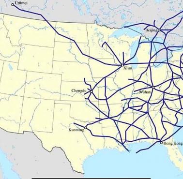 Sieć chińskich kolei dużych prędkości nałożona na mapę USA